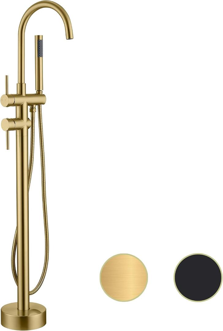 Freestanding Tub Faucet Floor Mount Tub Fillers, Senhozi Brushed Gold Free Standing Tub Faucets, Mixer Tap Two Handle Gold Freestanding Bathtub Faucet with Hand Shower, SE-3001-BG