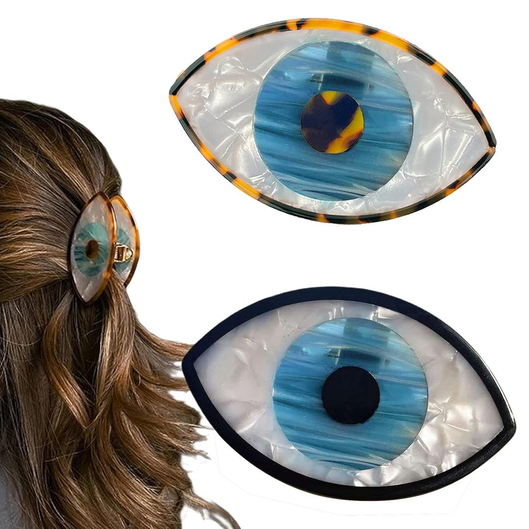 3" Retro Blue Eye Hair Claw Clips - Non-slip Small Hair Accessories for Women With Unique Design and Stitching Color for Thick and Thin Hair