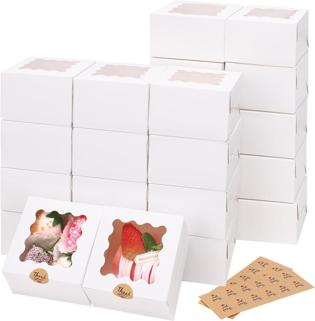 Moretoes 24pcs White Cookie Boxes with Window, 4x4x2.5 Inches Small Bakery Boxes with Stickers for Small Cookies, Treats, Desserts, Chocolate Covered Strawberries, Mini Cake