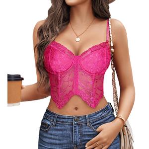 Avidlove Bralettes for Women Lace Camisole Lingerie Racer Back Bralette V Neck Bustier Top (Rose Red, Medium) (Pink, M)