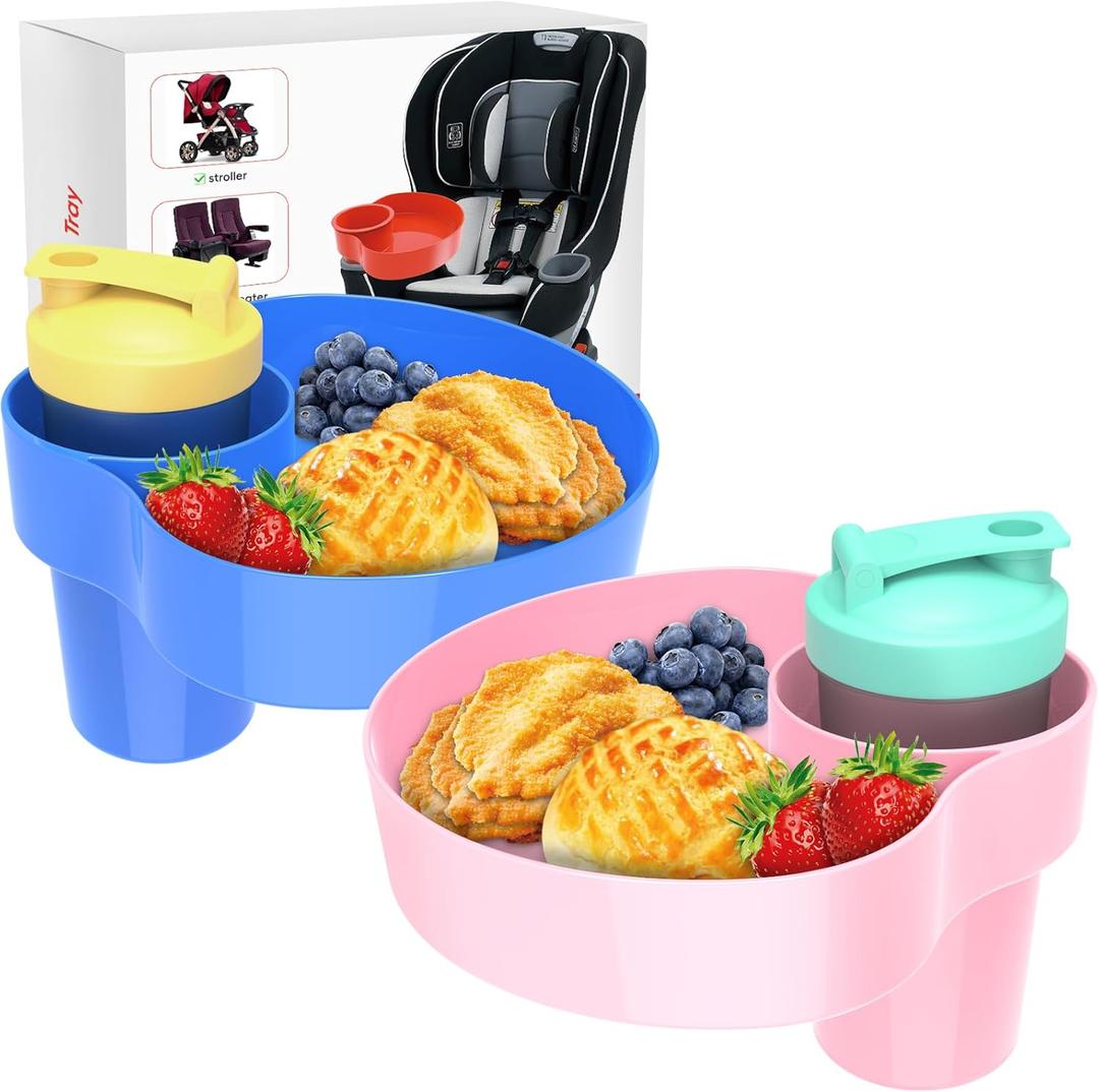 2PCS Car Seat Snack Tray for Kids: Kids Car Tray with Cup Holder, Toddlers Road Trip Essential, Travel Snacks Food Plate for Stroller, Snack Tray with a Cup Holder (Blue&Pink)