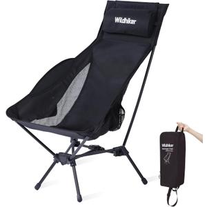 Wildhiker Portable Compact Folding Camping Chairs  Lightweight High Back with Pillow, Deep Recline, ArmPads, Side Pockets-for Motorcycle, RV, Backpacking, Travel, Festival  Black