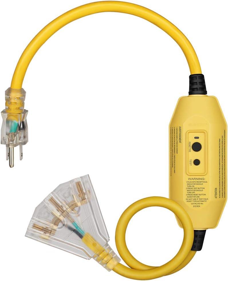 DEWENWILS 3 FT Automatic GFCI Extension Cord Outdoor, 12/3 Gauge Extension Cord for Multiple Appliances, Heavy Duty Power Cable with LED Lighted 3 Prong Plug, Yellow, UL Listed