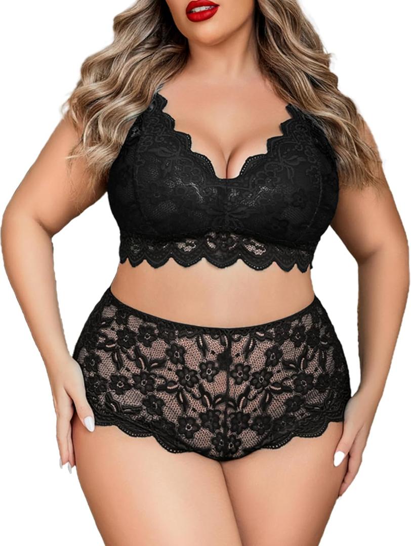 Avidlove Plus Size Lingerie Set for Women Sexy Lace Halter Bralette High Waist Panty Set, 18 Plus