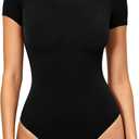 Women's Double-Lined Round Neck Short Sleeve Bodysuit Stretchy T-Shirt Body Suits Basic Tops for 2026 Summer Wear (Black, XS)