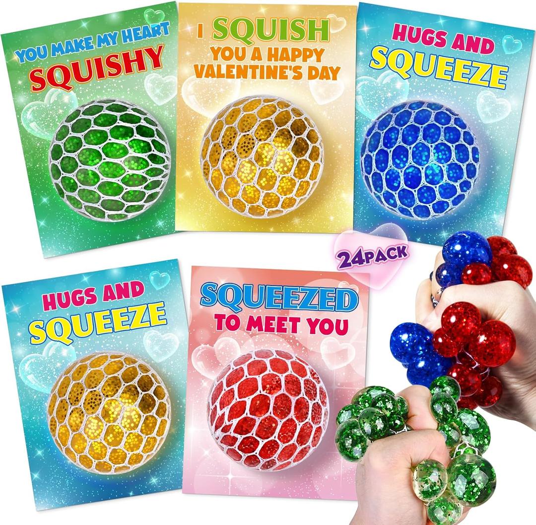 24 Pack Valentine's Day Cards with Squeeze Balls, Valentines Cards for Kids School, Stretch Fidget Toy for Classroom School Valentine's Gifts Exchange, Valentines Party Favor Prizes for Boys Girls