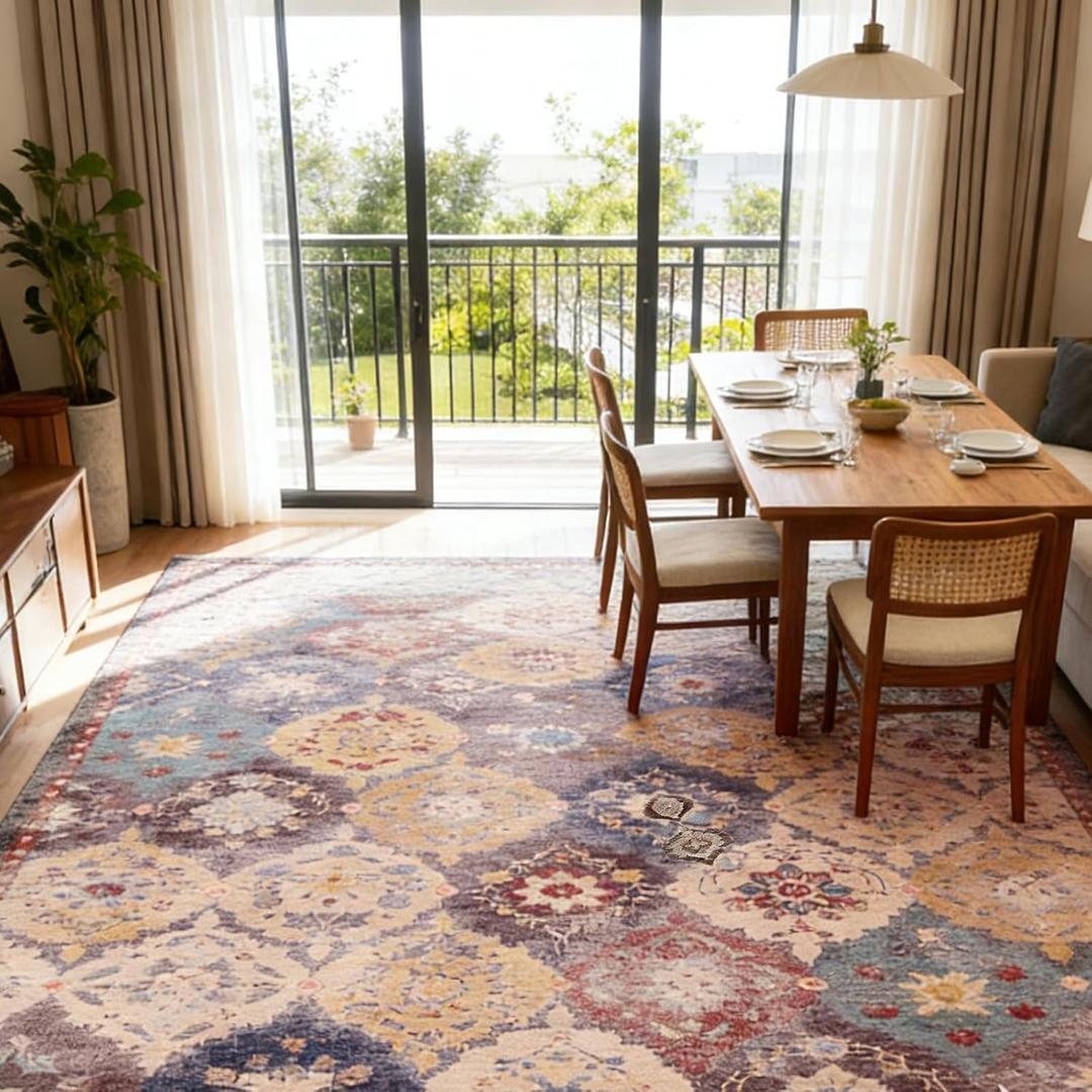 6x9 Large Washable Area Rug for Livingroom - Non-Slip Durable Carpet in Vintage Retro Design Rugs for Bedroom & Dining Room, Stain Resistant Easy Clean & Kid/Pet Friendly (Multi/Yellow)