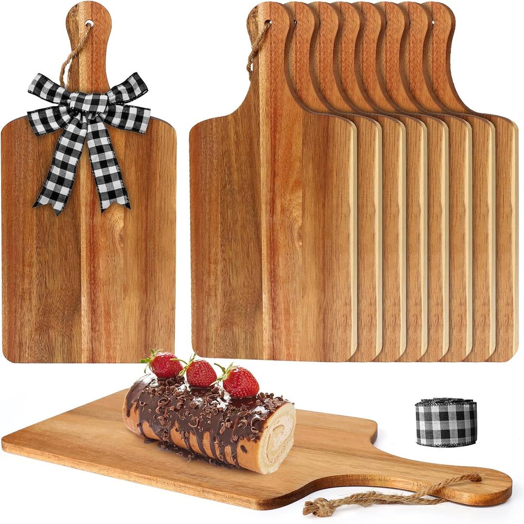 12 Packs Acacia Wood Cutting Board,12 x 6 Inch Plain Chopping Board with Handles Serving Board Wooden Kitchen Cutting Board Bulk with Rope and Plaid Ribbon for Vegetables Meat Pizza Cheese Fruit Bread