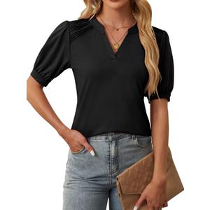 BMJL 2024 Women Puff Sleeve Tops Business Casual V Neck Shirts Summer Dressy Casual Blouses (X-Large, Black)