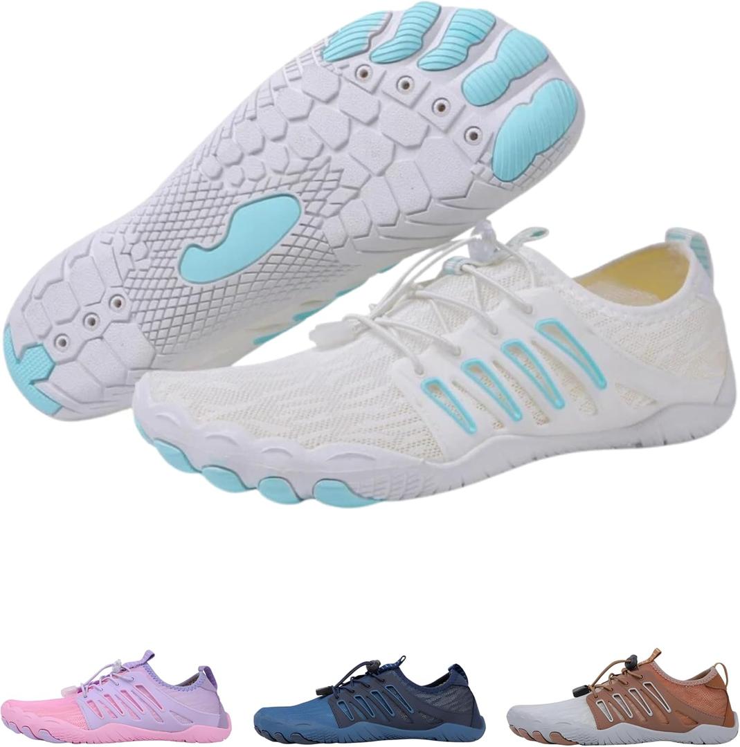 Colson Pro Barefoot Shoes for Men & Women Lightweight, Non-Slip, Quick-Dry Minimalist Shoes with Wide Toe Box, Arch Support, Flexible Thin Soles for Walking, Running, Gym,  Size: 7.5 Wide Women/5.5 Wide Men(White/Blue)