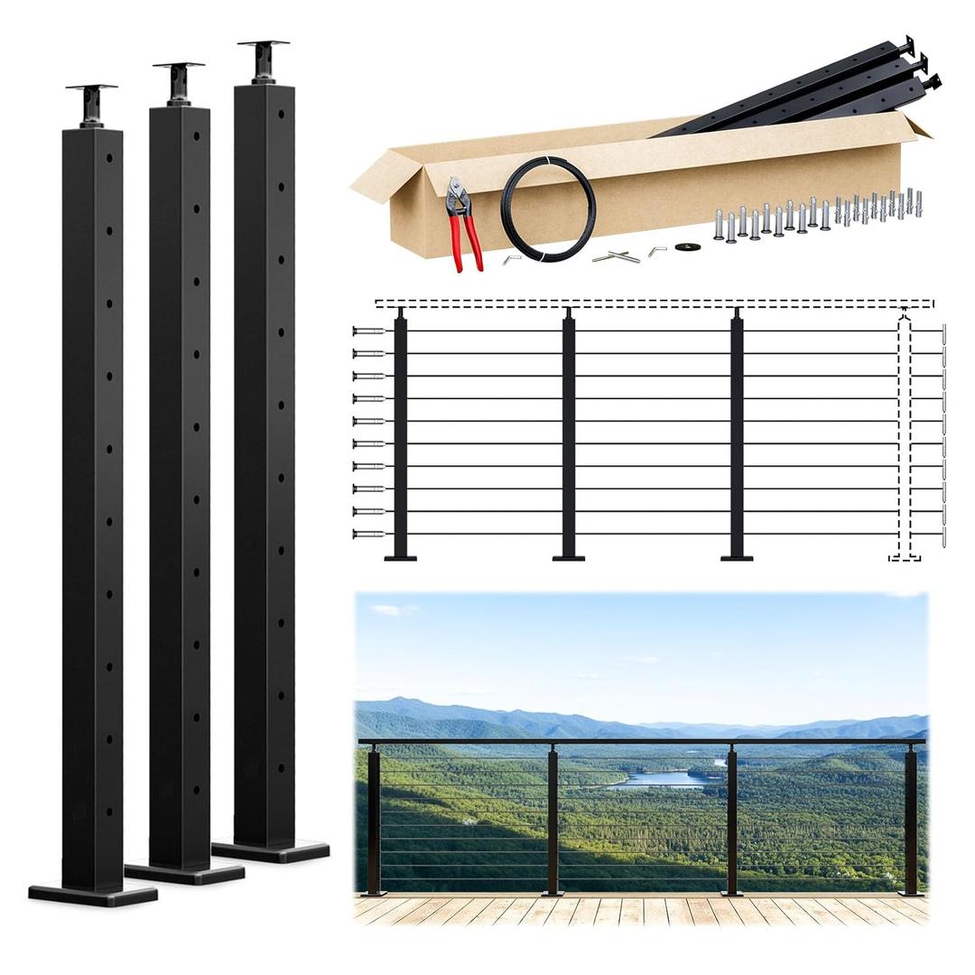 Muzata 8-12FT Modular Black Cable Railing Kit 36 Inch 3 Level Post Kit Complete Set Cable Railing System for Decks Length Adjustable Easy DIY with Paper User Guide (No Handrail) RW49