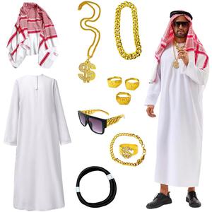 Men's Arab Costume Middle East Muslim Robe Adult Dubai Halloween Costume with Decoration Set (Medium)