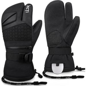 MCTi Snowboard Gloves with Wrist Guard 3-Finger Waterproof Mittens for Winter Snow Skiing (Large, Black)