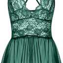Women Lingerie Sheer Lace Mini Babydoll Teddy Sexy Bodysuit Backless Sleepwear (Green), X