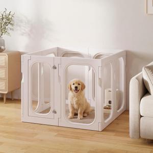 Acrylic Clear Dog Playpen Indoor with Door, 26'' H Transparent Dog Play Pen for Small Dogs, No-Connector Modular Puppy Playpen with Integrated Suction Cups Base, 8 Panels, White