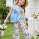 Kids4ever Girls Clothes Girl 2Pc Ruffle Outfits Light Blue Butterfly Tank Tops and Floral Flare Leg Pants for 10T Girls 2Pcs Summer Clothing Set for Kids Party