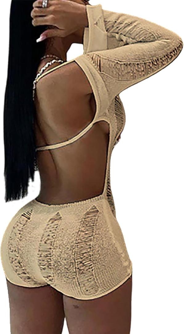 XZLUFNY Women Sexy Knitted Crochet Hollow Backless Long Sleeve Short Playsuit (Green, L)