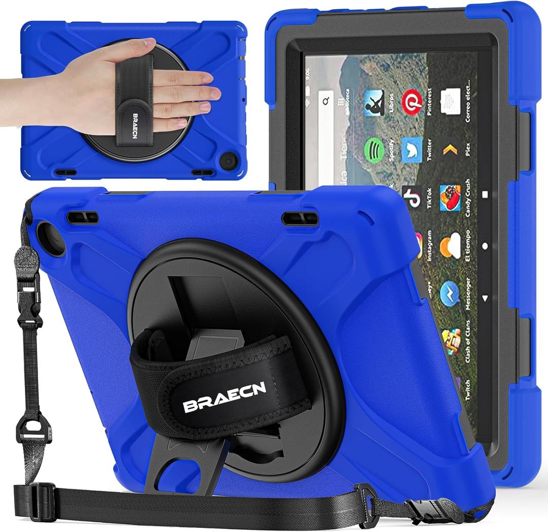 BRAECNstock for Amazon Fire HD 8 Tablet Case 12th Generation 2024/2022 8 inch with Rotating Hand Strap + Stand Shouler Strap Pen Holder Shockproof Rugged Kindle Fire HD 8 Protective Case Kids - Blue
