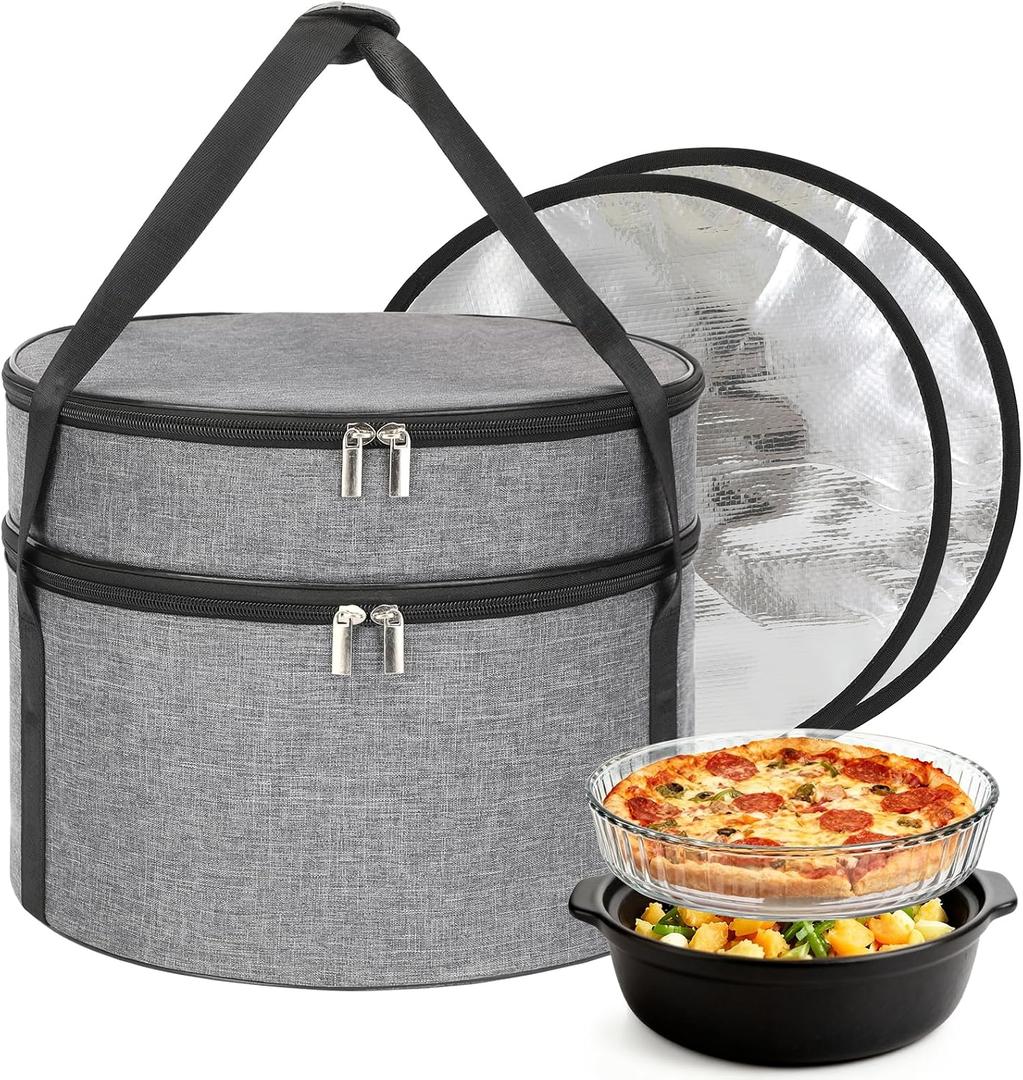 Insulated Casserole Carrier for Hot or Cold Food, Round Pie Carrier with Metal Support, Dish Carrier Food Container, Transport Pie Holders Pie Carrying Case, 2 Tiers, Gray, 9x13 Inches