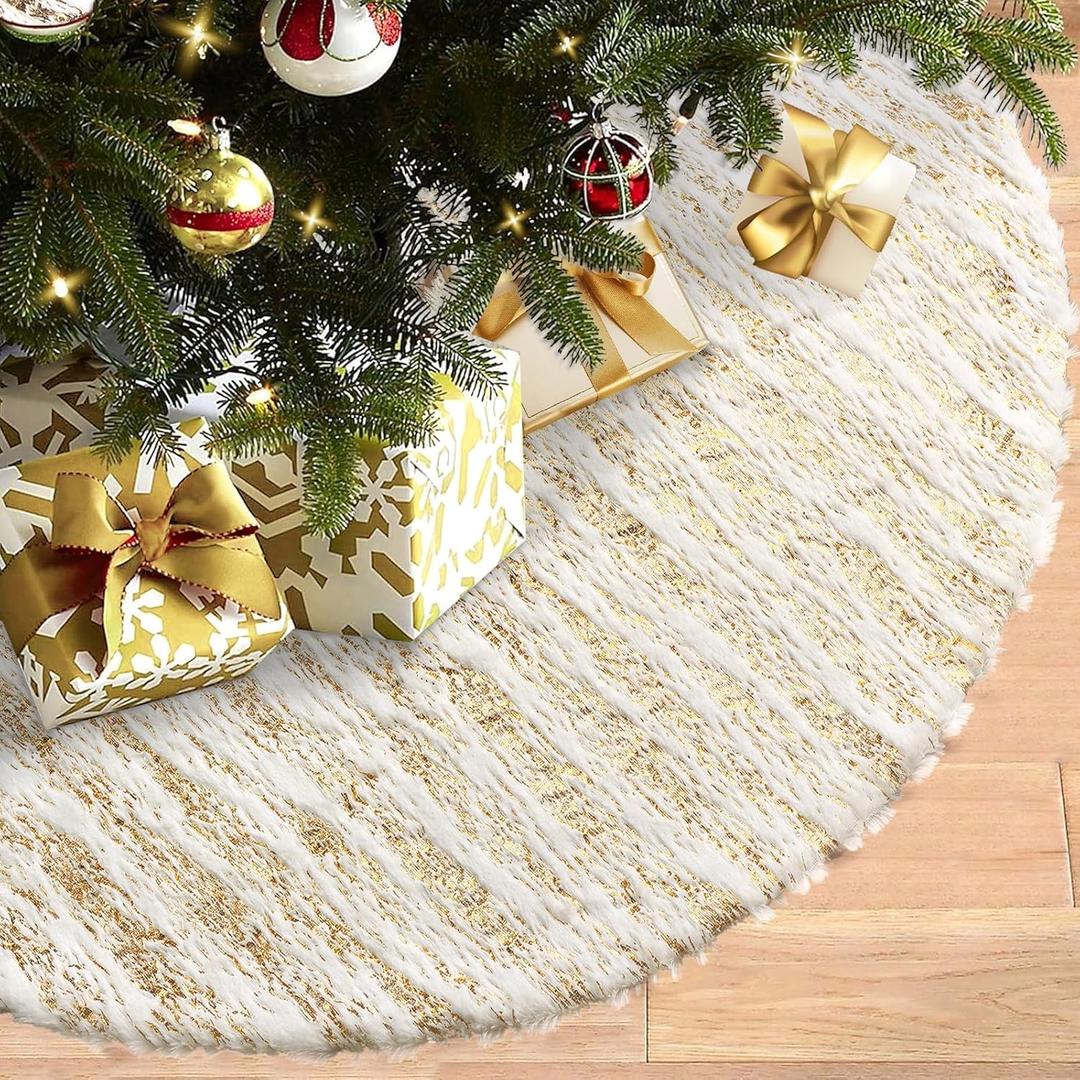 Dremisland Christmas Tree Skirt White&Gold Luxury Faux Fur Tree Skirt with Sequin Stripes Soft Plush Tree Skirt for Xmas Tree Decoration Winter Party Holiday Xmas Decorations (Gold, 36inch/90cm)