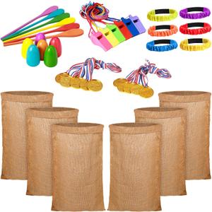 40 Pieces Outdoor Carnival Game Set Includes 6 Potato Sack Race Bags, 6 Egg and Spoon Race Game, 6 Legged Race Bands Egg Hunt Family Gathering Party Favor, 6 Whistles and 10 Medals for The Game