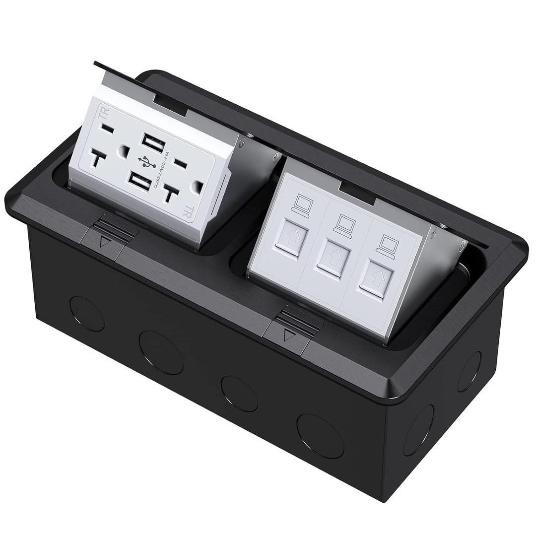 KYHSHJ Dual Pop-Up Floor Electrical Outlet Box Kit20 Amp Stainless Steel USB TR Receptacle Outlet3-Port RJ45 Datacom Receptacle Waterproof Gasket with IP44 Waterproof Rating, ETL Listed, Black