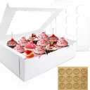 12PCS Cupcake Boxes 12 Count Cupcake Container with Window White Cupcake Holder Holding 144 Cupcakes for Birthday Holiday Party Bakery Supplies (12Pcs+Stickers Round)