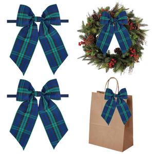 AIMUDI Christmas Tree Bows 10×20'' Navy Blue Green Plaid Bows for Gift Wrapping Wreath Bows with Wire Edge Premade Gift Bows for Craft Present Fireplace Holiday Christmas Decorations, 2 PCs
