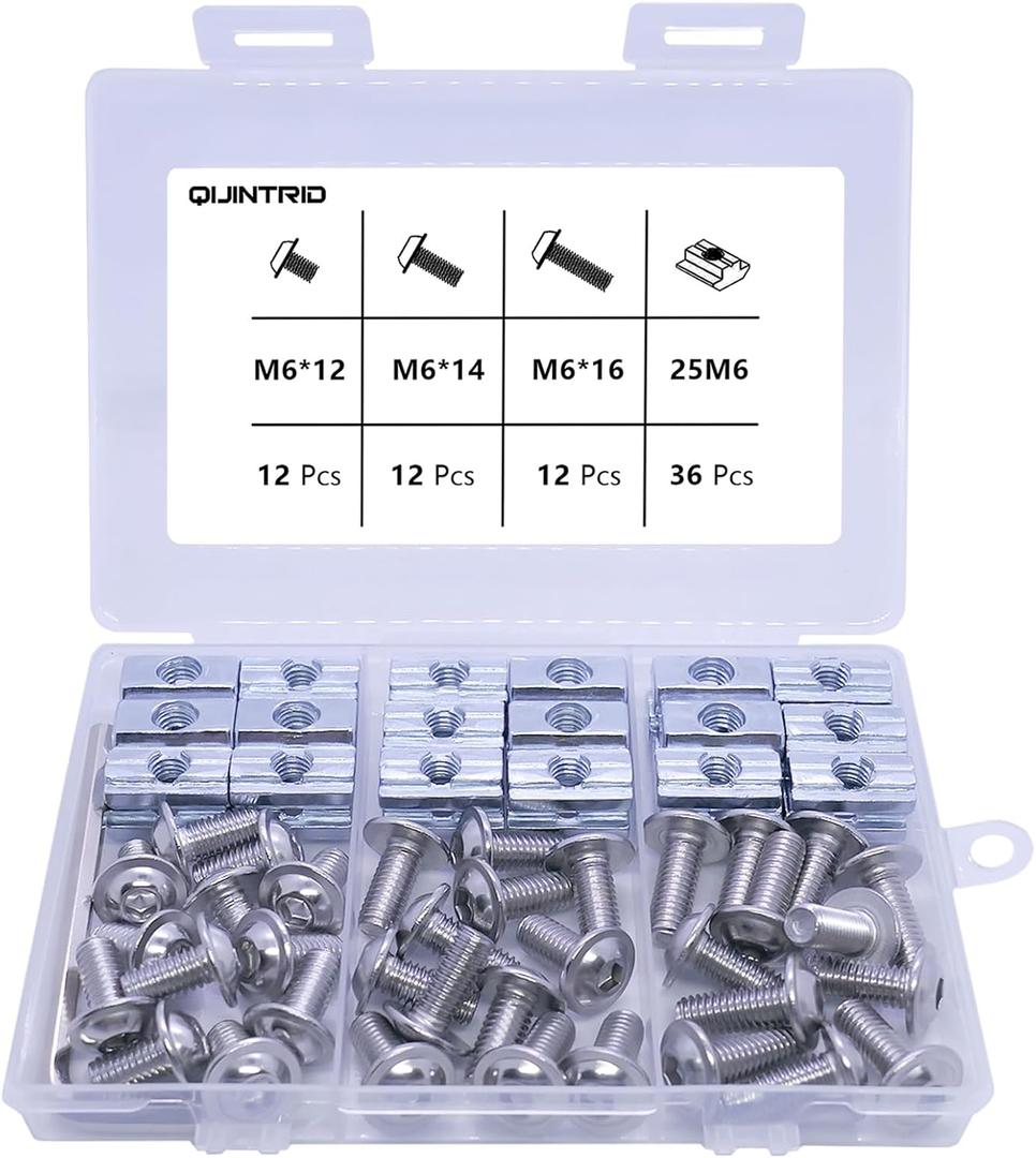 72 pcs M6 T-Nuts Screws Assortment Kit, 36pcs M6 x 12/14/16mm Flanged Button Head Socket Cap Screws, 36pcs M5 Slide in T Nut and 1pcs Hex Wrench, for 1010 Aluminum Extrusion Profile Connector (Silver)