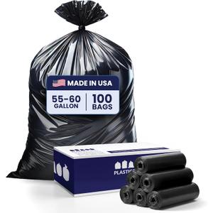 Plasticplace 55-60 Gallon Trash Bags, Heavy Duty, Black Garbage Can Liners, Puncture-Resistant Star Seal, 38" x 58", 100 Count for Warehouse, Kitchen, and Outdoor Use 1.5 Mil