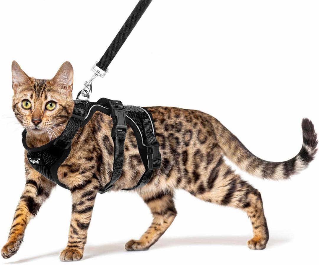PUPTECK Cat Harness and Leash Set Escape Proof for Walking, Breathable Mash Vest Adjustable Harness for Cats Puppy Small Animals, Reflective at Night, Black Small (S: Neck 9"-11.4", Chest 11"-16.1") PUPTECK Cat Harness and Leash Set Escape Proof for Walking, Breathable Mash Vest Adjustable Harness for Cats Puppy Small Animals, Reflective at Night, Black Small (S: Neck 9"-11.4", Chest 11"-16.1")