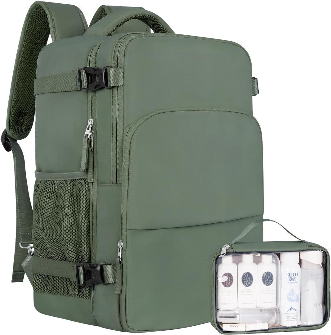 Sinaliy Personal Item Backpack, Carry on Travel Backpack with Multi-Pockets, Waterproof Casual College 16inch Laptop Backpack for Men Women, Army Green
