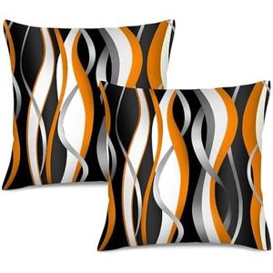 Orange Black Throw Pillow Covers Set 2 Pcs, Abstract Wave Pattern Decorative Pillowcases, Modern Burnt Orange Pillows for Couch, Square Pillow for Living Room for Sofa Bed Decor