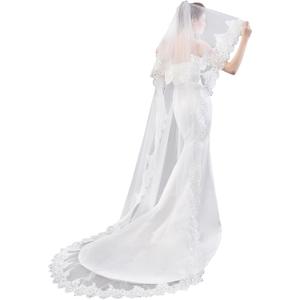 EllieHouse Chapel Length 2 Tier Sequin Lace Wedding Bridal Veil For Bride E74 (White)