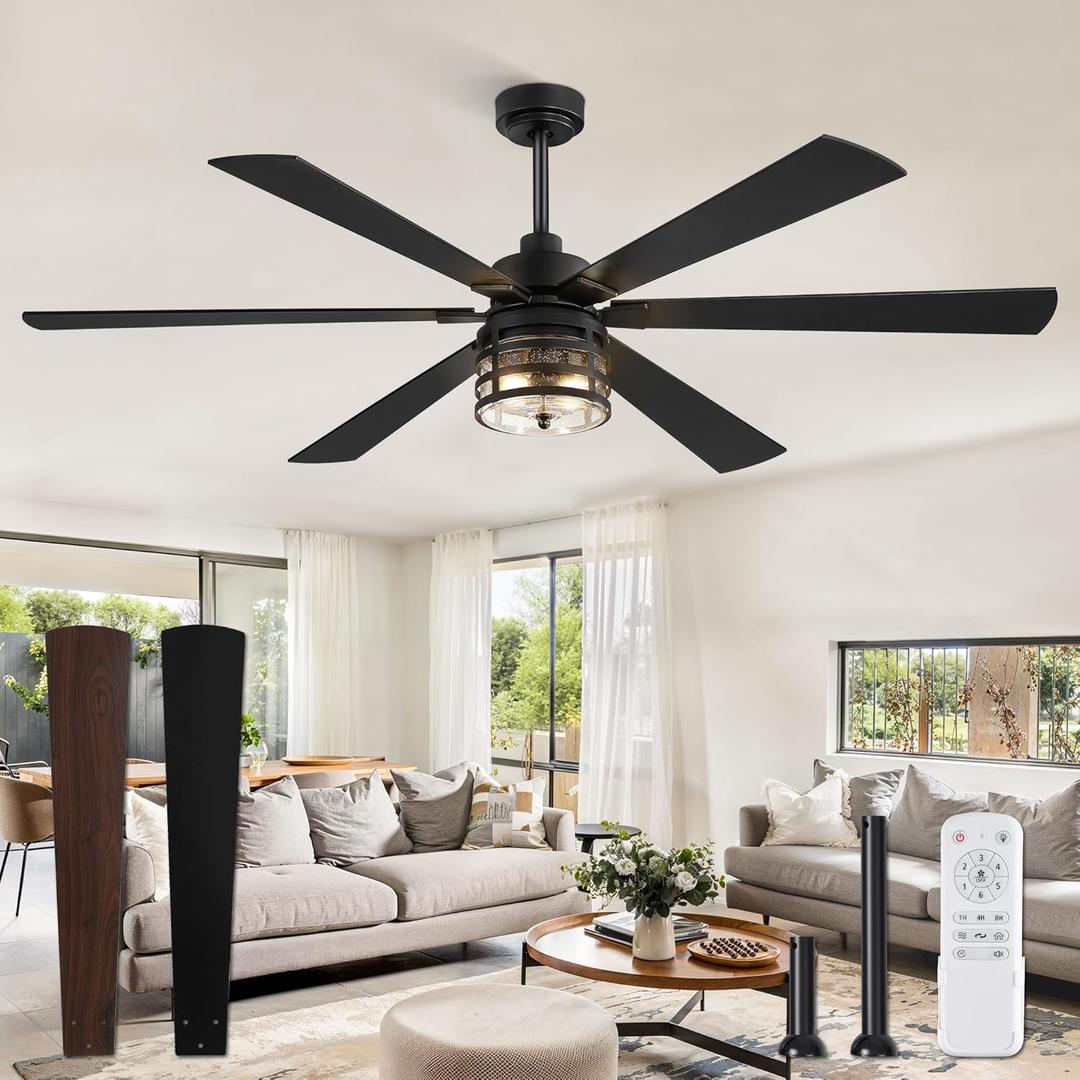 65" Farmhouse Ceiling Fans with Lights and Remote,Industrial Large Ceiling Fan with 6-Speed Reversible DC Motor and 6 Dual Finish Blades,Black Ceiling Fan with Light for Living bedroom Patio (Black and Walnut)