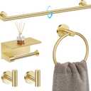 TQKAG 5 Piece Bathroom Towel Bar Holder Sets Brushed Gold Bathroom Hardware Set Stainless Steel Toilet Paper Holder with Shelf Bathroom Accessories Kit Wall Mounted