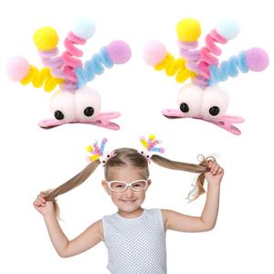 MIUPOO Fluffy Pom Poms Hair Clips,Crazy Hair Day Accessories for Girls,Quirky Little Monster Barrettes,Plush Duckbill Hairpins Hair Barrettes,Party Modeling Hair Accessories,2 Pieces,Pink eyes