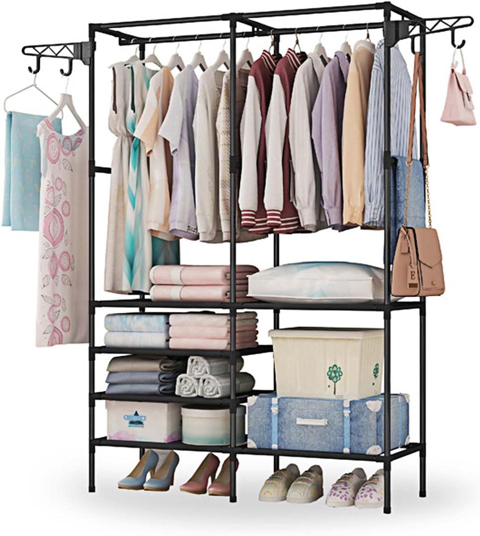 Clothing Rack, Heavy Duty Clothes Rack, 3-in-1 Garment Rack for Hanging Clothes, Freestanding Closet Organizers with Storage Shelves, Clothes Rack for Bedroom, Hallway, Entryway, Black