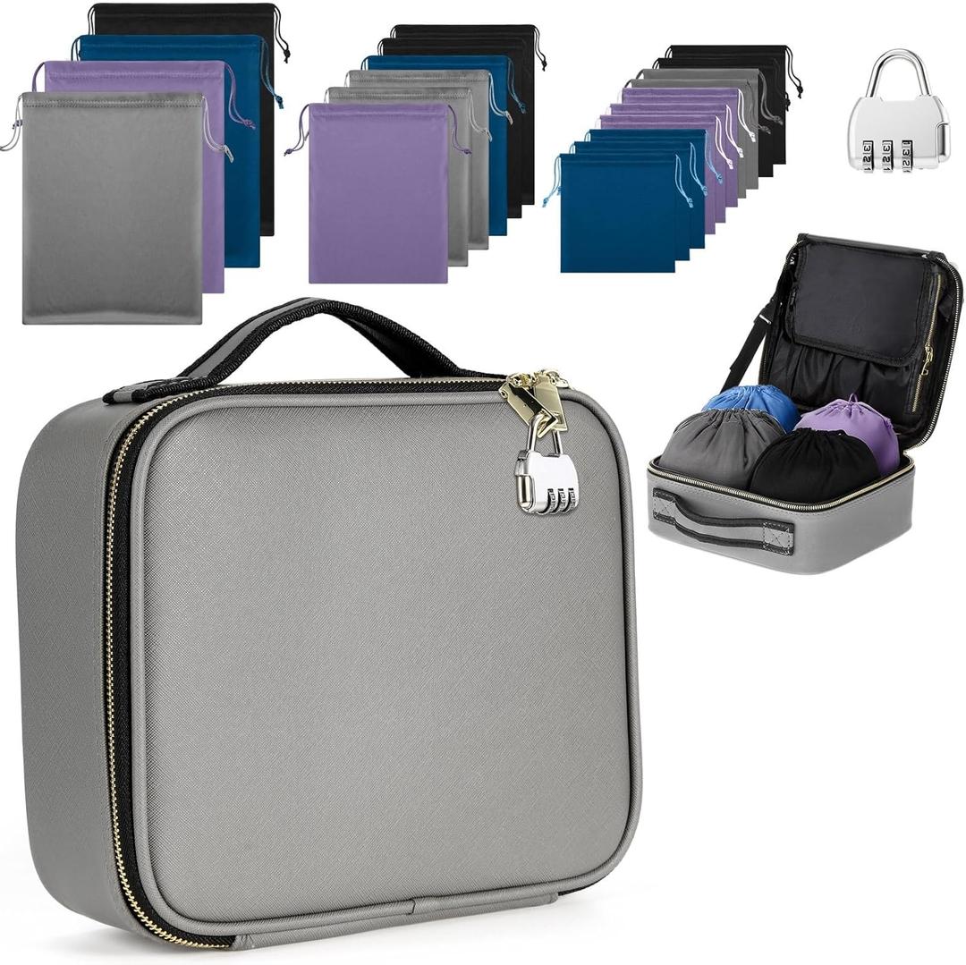 Eccliy Locking Adult Toy Bag Box Game Toys Storage Organizer with 20 Different Size Drawstring Bags Toy Storage Case for Women and Men(Gray,10.24 x 9.06 x 3.94 Inches)