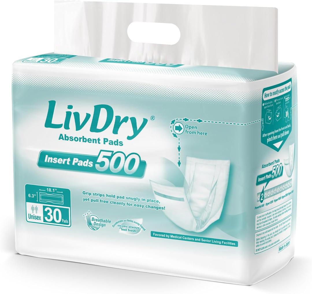 LivDry Incontinence Pads for Women and Men, Long Length Insert, Extra Absorbency with Odor Control (30 Count)