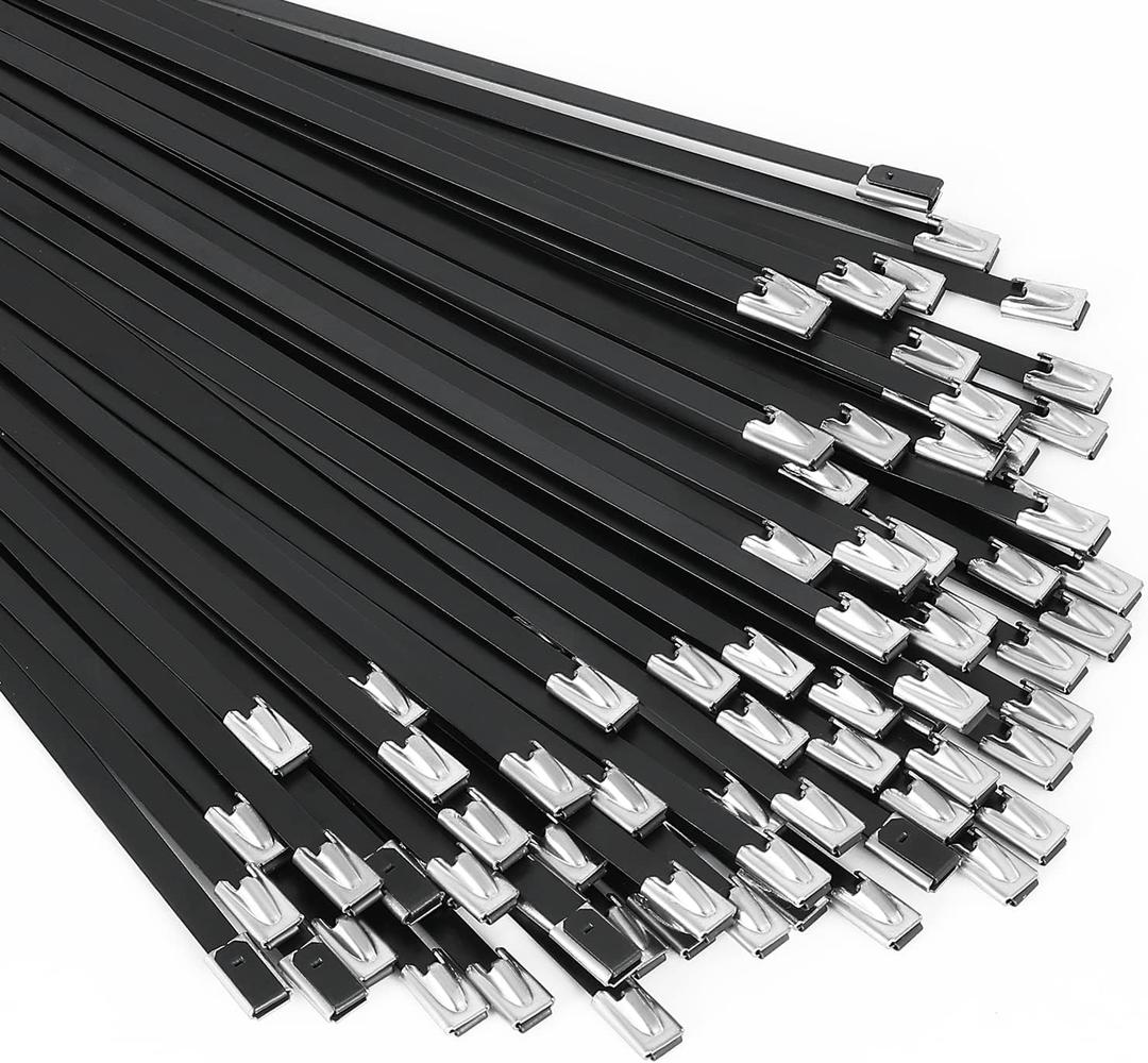 Metal Zip Ties black 100pcs 11.8 inch 304Stainless steel Epoxy Coated Cable Tie Multi-Purpose Self-locking Cable Ties Used for Machinery, Vehicles, Farms, Cables, Pipesas Well as Outdoor Binding