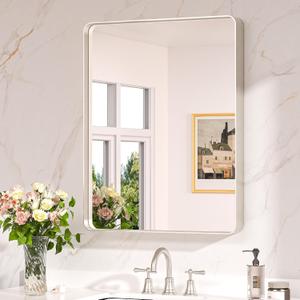 Keonjinn 24 x 30 Inch Brushed Nickel Bathroom Mirrors for Over Sink, Rounded Rectangle Silver Bathroom Vanity Mirror, Farmhouse Mirror for Wall, HD Tempered Glass, Anti-Rust Aluminum Alloy Mirror