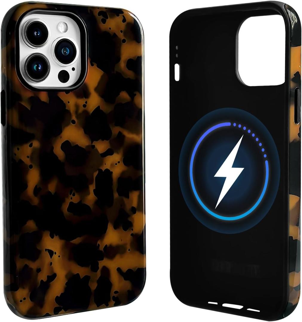 NITITOP Compatible with iPhone 14 Pro Case Magnetic Compatible with MagSafe Cute Leopard Amber Aesthetic Tortoise Design for Women Men Girls Soft TPU Shockproof Protective Cover - Black