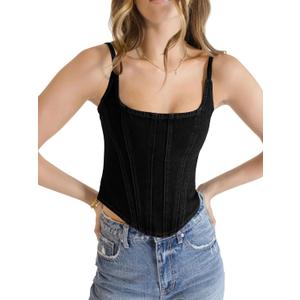 Imily Bela Womens Sleeveless Denim Vest Crop Tank Tops Spaghetti Straps Slim Fit Summer Cami Top (Small, Black)