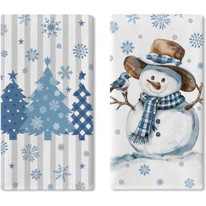 Winter Snowman Kitchen Dish Towels Set of 2, Blue Christmas Tree Snowflake Bird Drying Hand Towel Baking Cooking Cloth, Farmhouse Polka Dots Stripes Plaid Bathroom Home Decoration 18'' x 26''