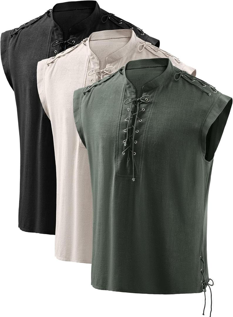 Spooktacular Creations Halloween Renaissance Shirt Costume Men, Beige Medieval Tunic Pirate Sleeveless Tank Top Viking Lace-up Vintage Outfit for Daily Holiday Cosplay Parties(Large)