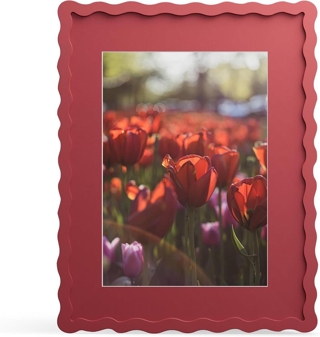 11x14 Picture Frame with Mat for 8x10, Wavy Edge Wooden Real Glass Photo Frame for Wall Hanging, Red, 1 Pack