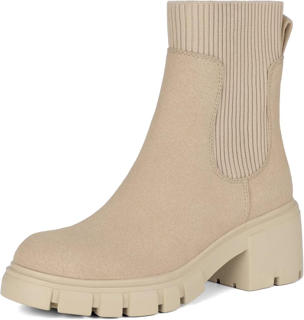 Athlefit Women's Chelsea Boots Fashion Slip on Platform Ankle Boots Lug Sole Chunky Booties (8.5, Nude)