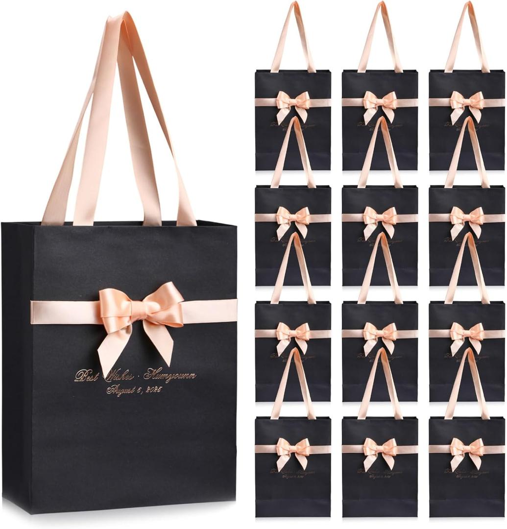 Humyoun 12 Pack Black Gold Gift Bags with Handles 9 x 7 x 3.15'' Metallic Paper Gift Bags Bulk with Bow Ribbon for Bridesmaids Groomsmen Wedding Baby Shower Birthday Housewarming Party Favor Holiday