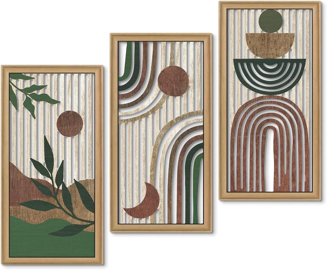 Putuo Decor Boho Wall Art Set of 3 Modern Minimalist Wooden Wall Decor Abstract Earth Tone Room Decorations Mid Century Artwork for Living Room Bedroom Office in Earthwood Canyon 16.5 x 8.6 Inch